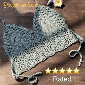 Crochet Knit Halter Crop Top GREY GREEN SAGE M, L